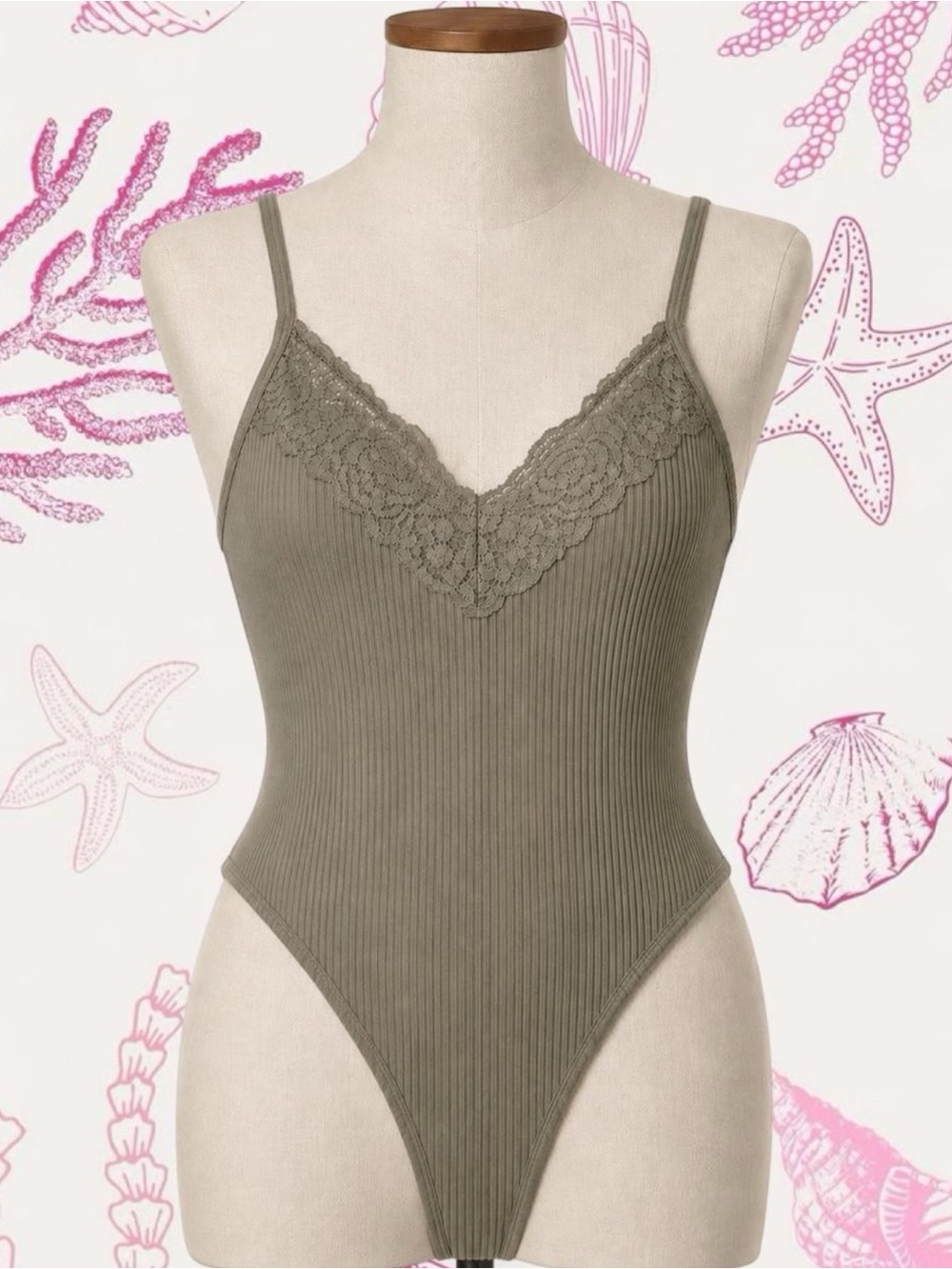 PINK Victoria's Secret Ribbed Lace-Trim Bodysuit